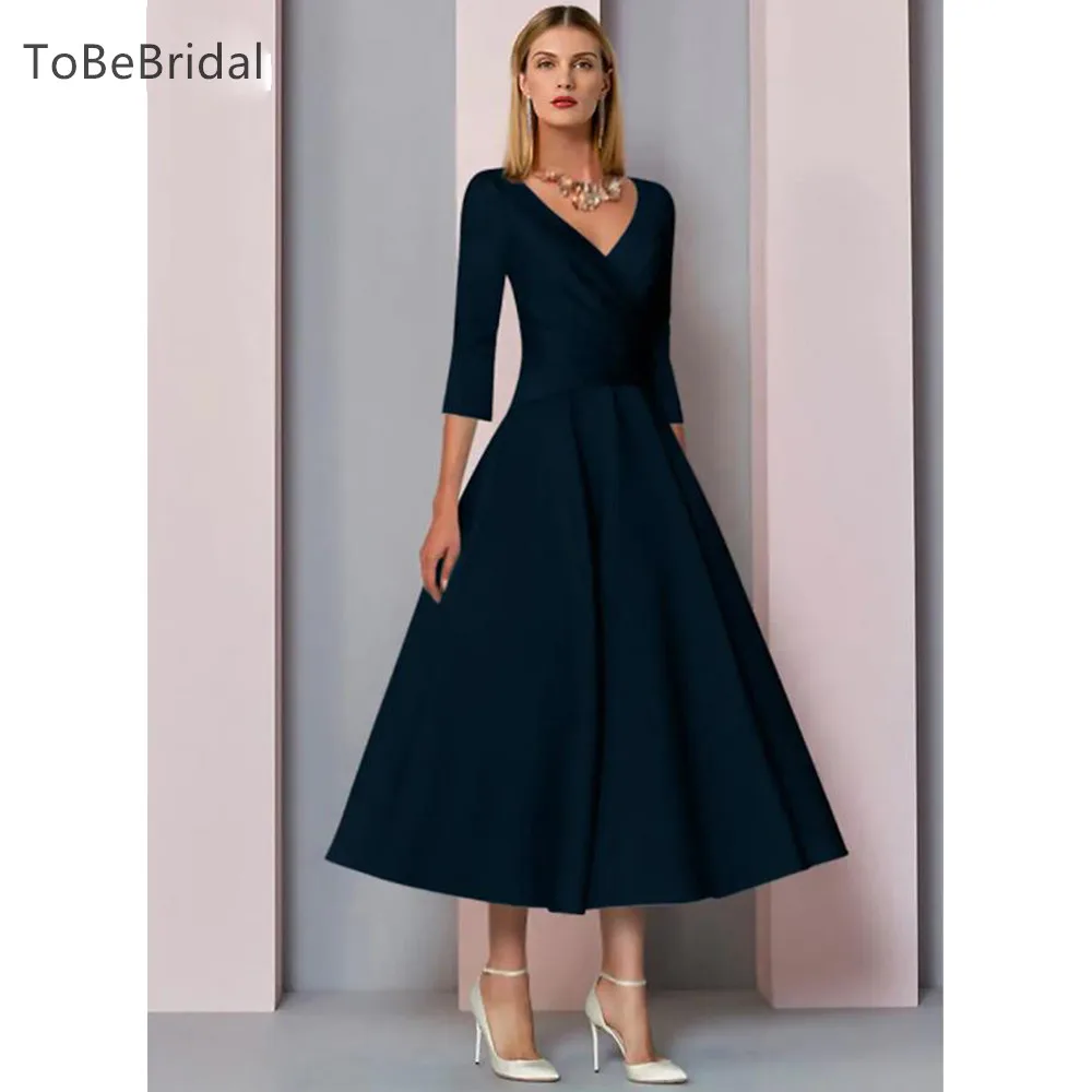 

A-Line Bridal Mother Dress Vintage Satin V-Neck Tea Long 3/4 Sleeve Formal Evening Dress Vestidos De Fiesta Elegantes Para Mujer