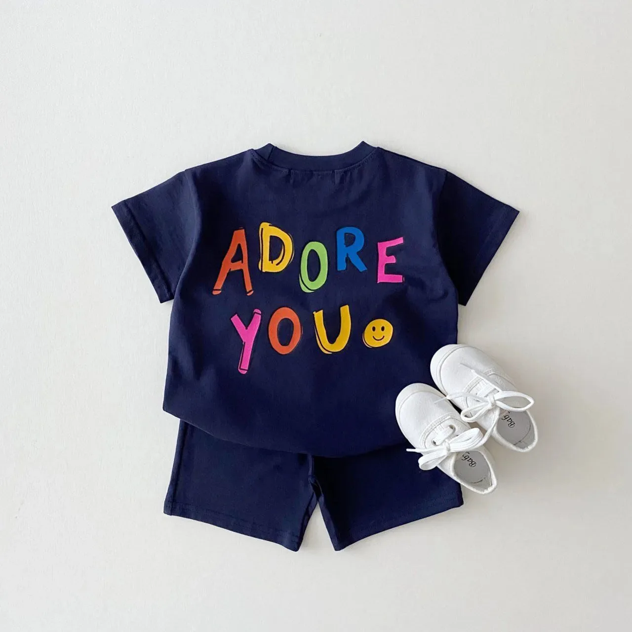 

Ins Little Children's Clothes Candy Color Cotton Casual Short Sleeve Suit Baby Smiley Face Alphabet T-shirt Shorts Kids Sets