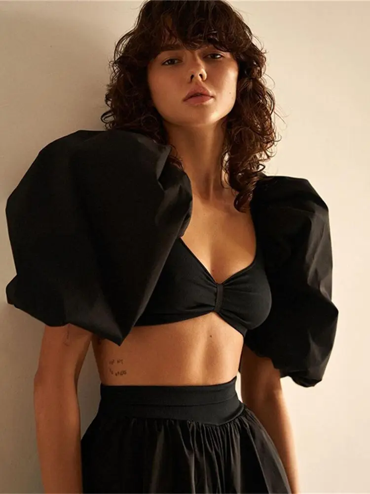 

Elegant Lantern Sleeve Tops Women Sexy Cropped Slim Black White Blouses Female Fashion Streetwear Hipster Party Clothing Summer