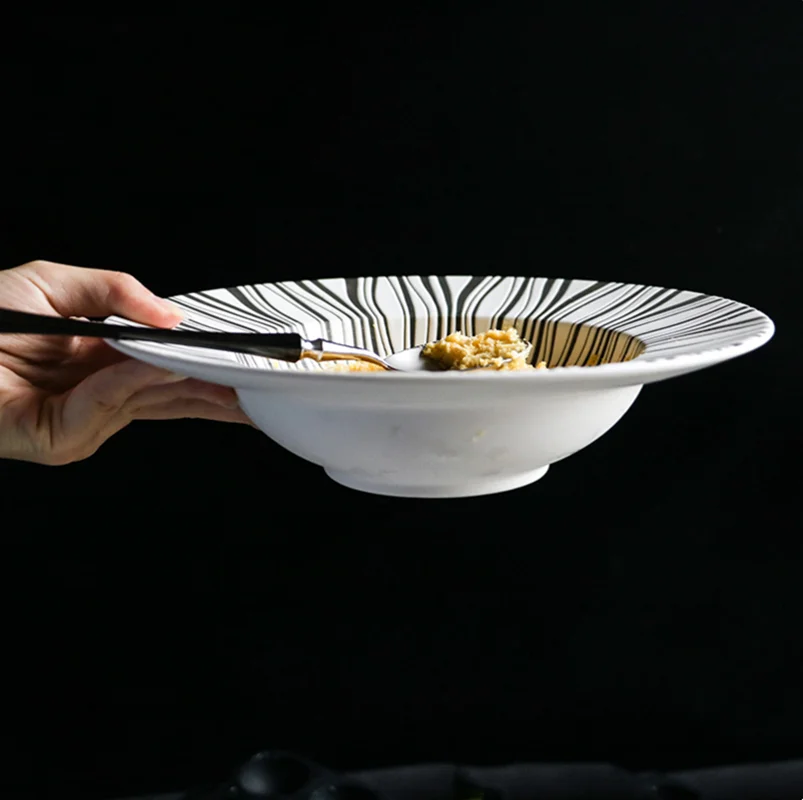 

Black and White Striped Tableware Ceramic Dinner Plate Straw Hat Plate Round Dessert Plate Salad Bowl Kitchen Cutlery and Bowls