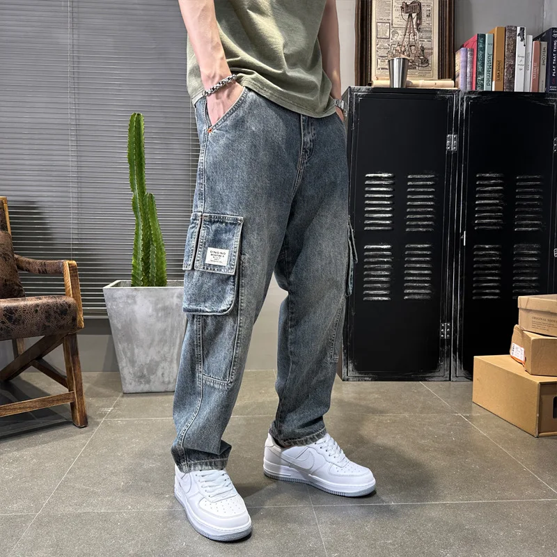 Streetwear Fashion Men Jeans Loose Fit Spliced Designer Multi Pockets Casual Denim Harem Jeans Men Hip Hop Wide Leg Pants Hombre