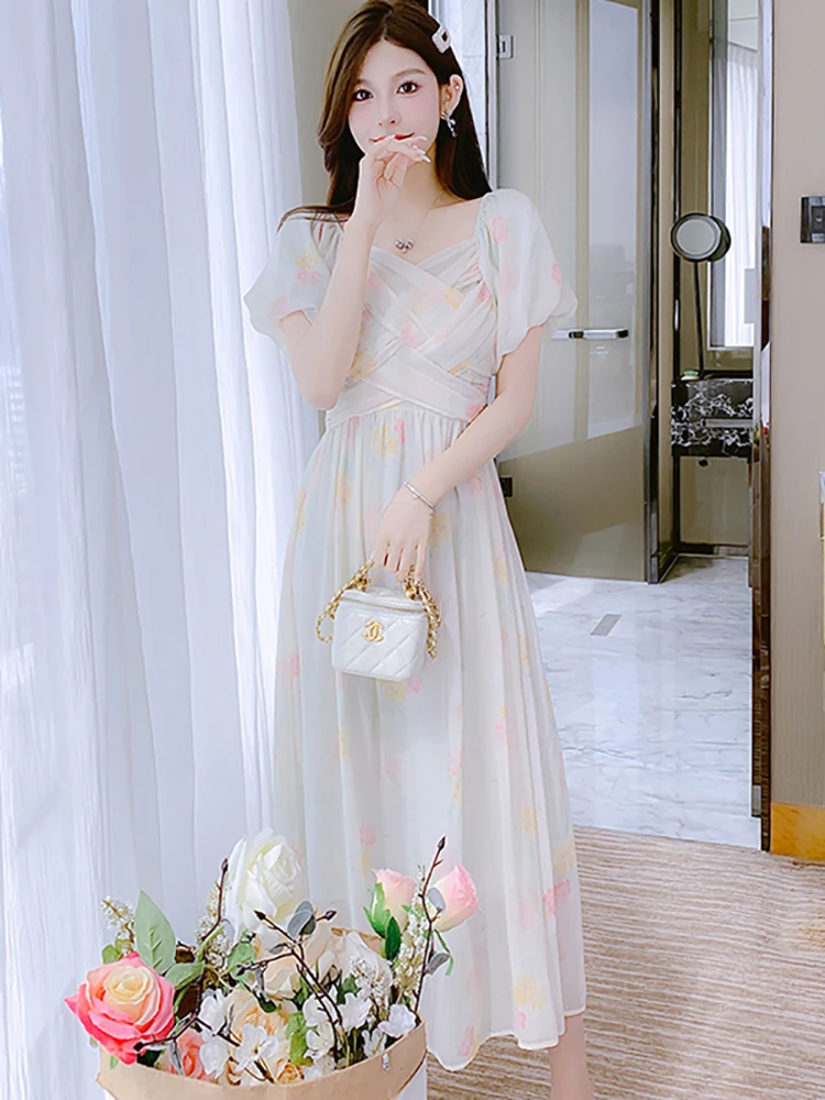 

2023 Boho Floral Chiffon Casual Long Dress Summer Puff Sleeve Square Collar Chic Robe Women Korean Elegant Bodycon Evening Dress