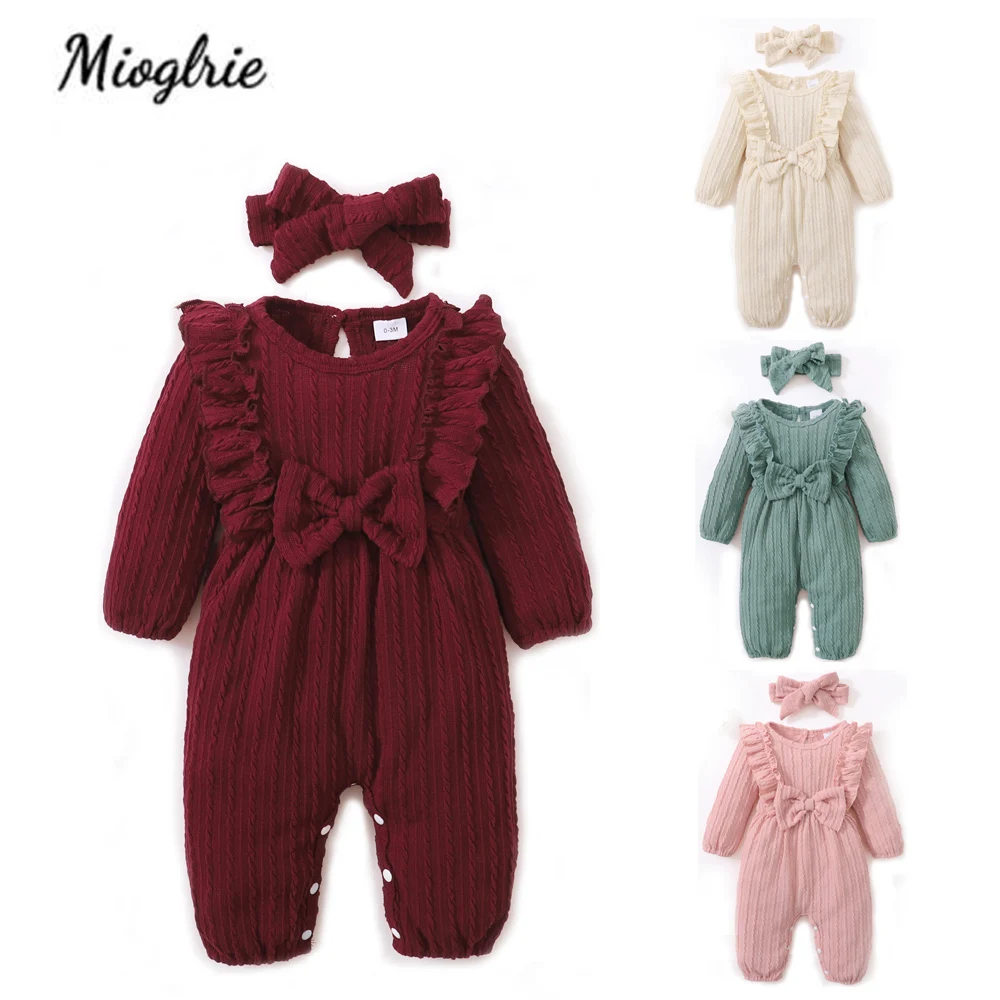 

Baby Clothes 0 to 12 months Long Sleeve Jumpsuit Baby Girl Winter Clothes New Born Baby Romper Solid Colour Bow with Headband
