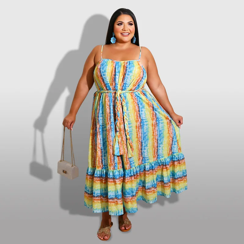 Plus Size Women's Clothing 2022 Summer New Casual Fashion  Rainbow Stripe Color Sling Ladies Dresses XL-5XL Oversized