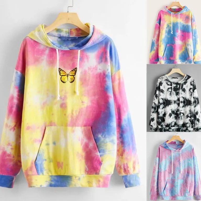 

2021 Hot Style Autumn and Winter Women's Tie-dye Hooded Butterfly Print Casual and Comfortable Sportswear