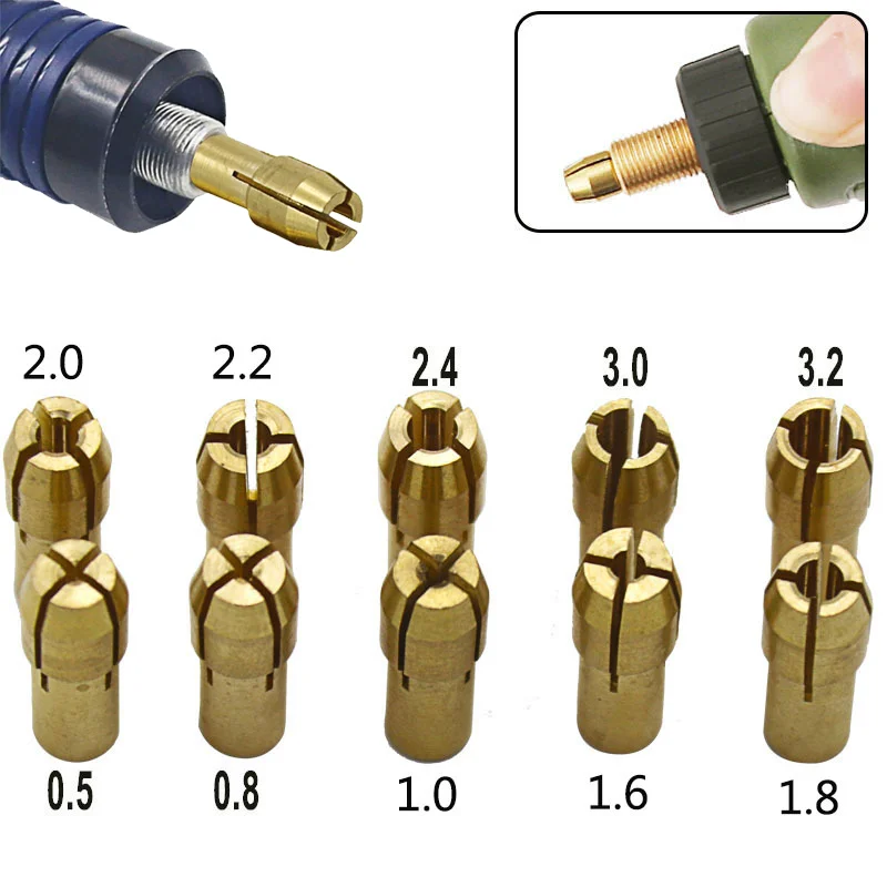 

Brass Collet Mini Electric Grinder Quick Change Drill Chuck Bit Sets 0.5-3.2mm Brass Collet Brass Chuck Fits Dremel Rotary Tools