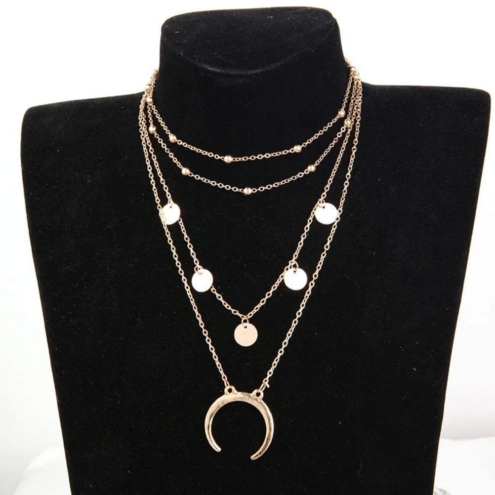 

All-match Stylish Novelty Wafer Moon Design Drop Necklace Jewelry Multi Layer Necklace Costume for (Golden)