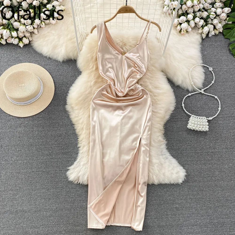 

Ofallsis Luxury Champagne Tone Suspended Dress 2023 Summer New Sexy Celebrity Style V neck Waist Slim Split Hip Wrapped Dresses