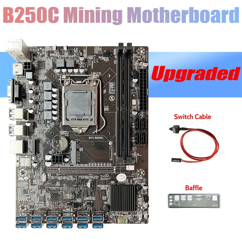 B250C ETH Miner Motherboard+Baffle+Switch Cable 12 PCIE To USB3.0 Graphics Card Slot LGA1151 DDR4 For BTC Mining