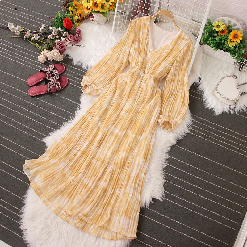 

Fitaylor New Spring Autumn Floral Tie Dye Dress Women Elegant V-neck High Waist Dress Female Slim Long Sleeve A-line Dress