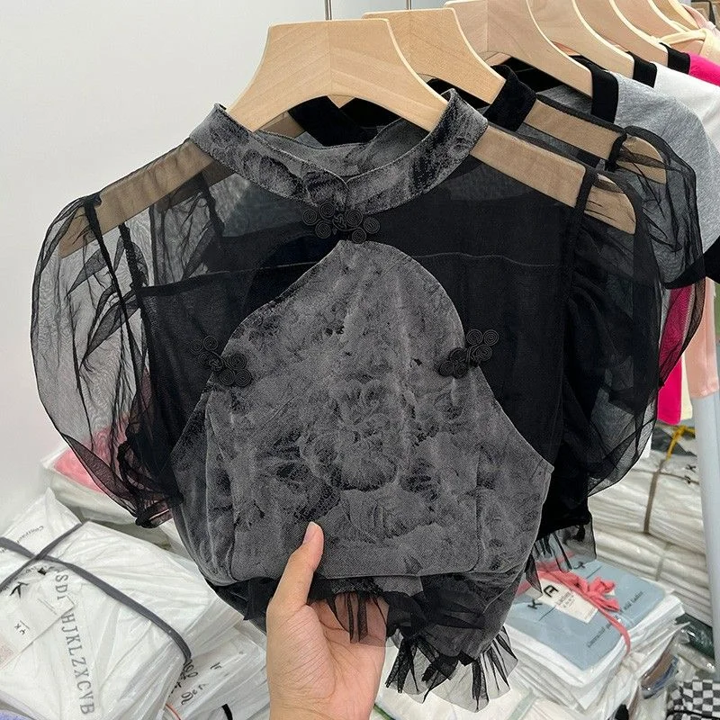 

Y2k одежда, летняя уличная одежда, новая женская футболка с воротником-стойкой и дисковой пряжкой, сетчатые Лоскутные облегающие Женские футболки с пышными рукавами