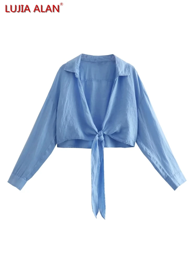 

Cross Lace Up Bow Women Short Shirts Autumn Female Long Sleeve Blouse Crop Tops Blusas Streetwear LUJIA ALAN B601
