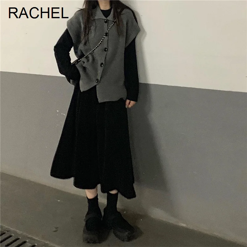 

Осенне-зимний костюм для отдыха Женский вязаный кардиган жилет Вельветовая юбка А-силуэта комплект из двух предметов