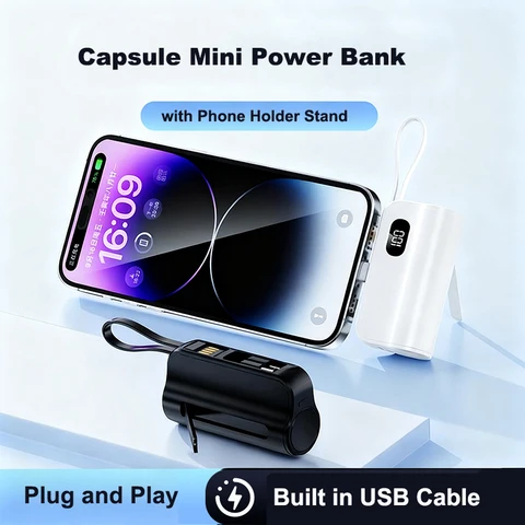 Мини-Power Bank емкостью 5000 мАч с USB-кабелем, портативное зарядное устройство с двумя разъемами, внешний аккумулятор Powerbank для iPhone 17, Samsung, Huawei, Xiaomi