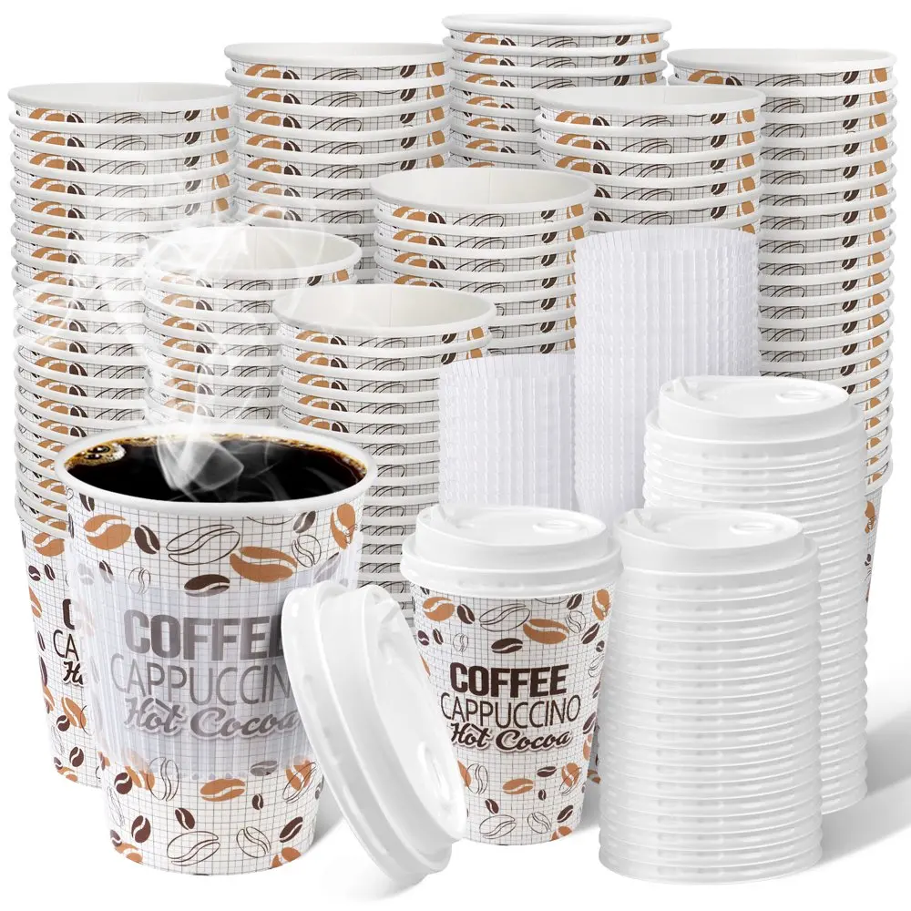 

[Упаковка 100] одноразовые кофейные чашки 12 унций с крышками, одноразовые горячие чашки с крышками, дизайн кафе,