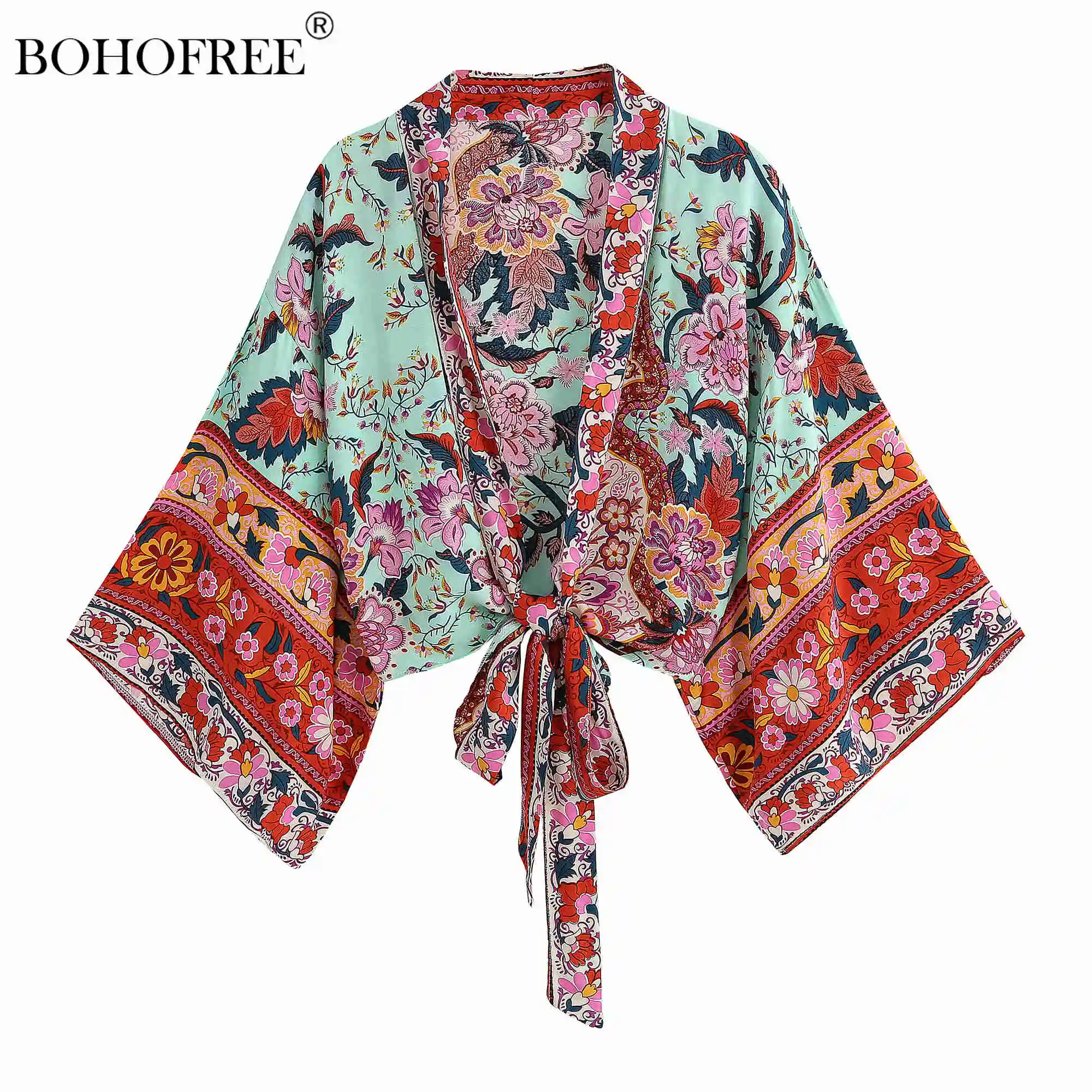 

Vintage Floral Print Sashes short Kimono Women 2023 Fashion Ladies Blouses Casual V Neck batwing Sleeves bohemian Cover-Up