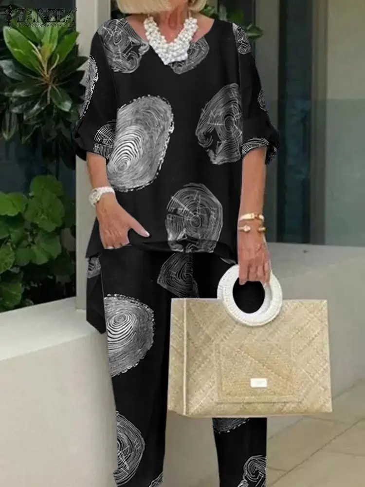 

Summer Vintage Floral Printed Urban Tracksuit ZANZEA 2pcs Matching Sets Women Casual 3/4 Sleeve Blouse Suits Loose Pant Sets