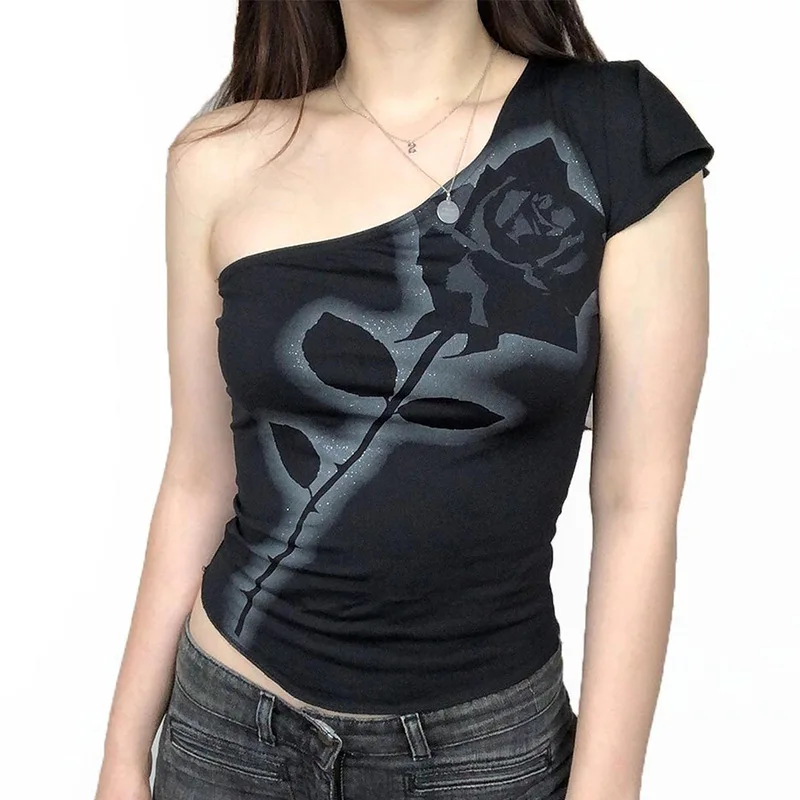 

Black One Shoulder Cropped Tops T Shirts Women 2022 Summer Gothic Graphic Rose Print Tee Shirt Femme Streetwear Casual T-shirts