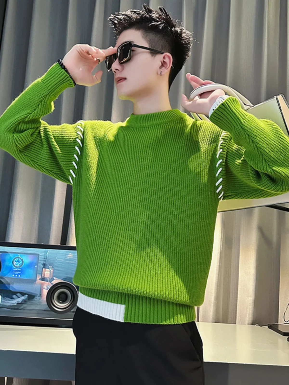 Green Sweater Men's Fashion Brand Thickened Bottoming Shirt Long sleeve Inner wear 2024 New Autumn and Winter Fake Two Pieces...