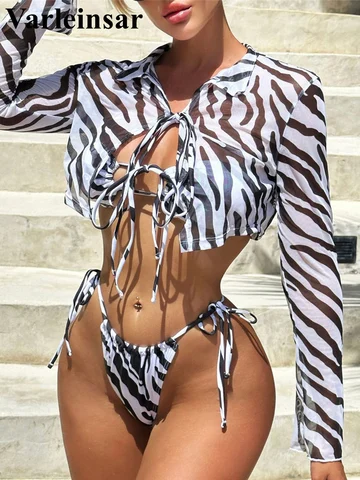 Zebra Printed Halter Bikini Female Swimsuit Women Swimwear Three-pieces Bikini set With Cover Up Bather Bathing Suit Swim V4423