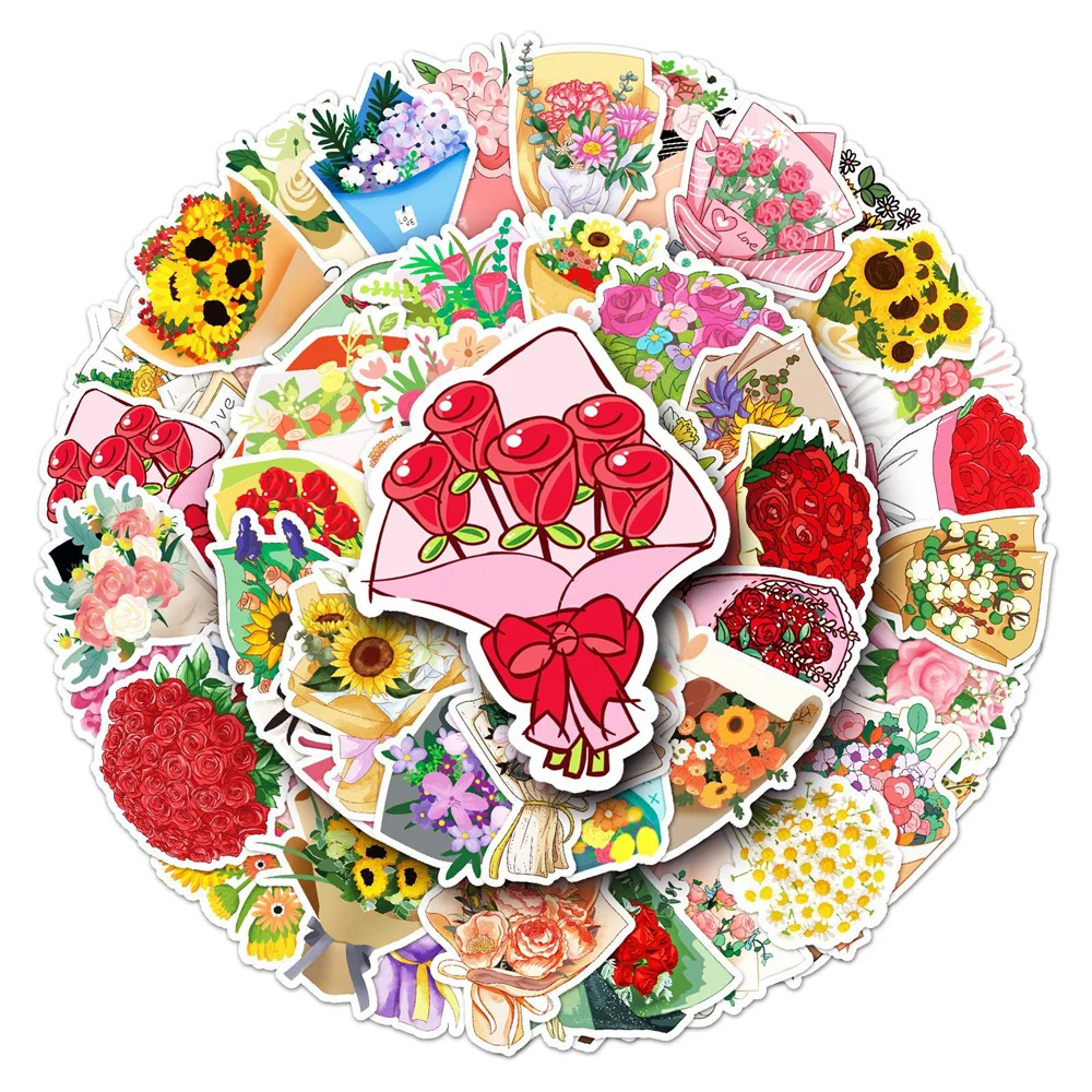 

10/30/50PCS Flower Bouquet Cartoon Small Fresh Personality Creative Sticker Desk ComputerSkateboard Waterproof Sticker Wholesale