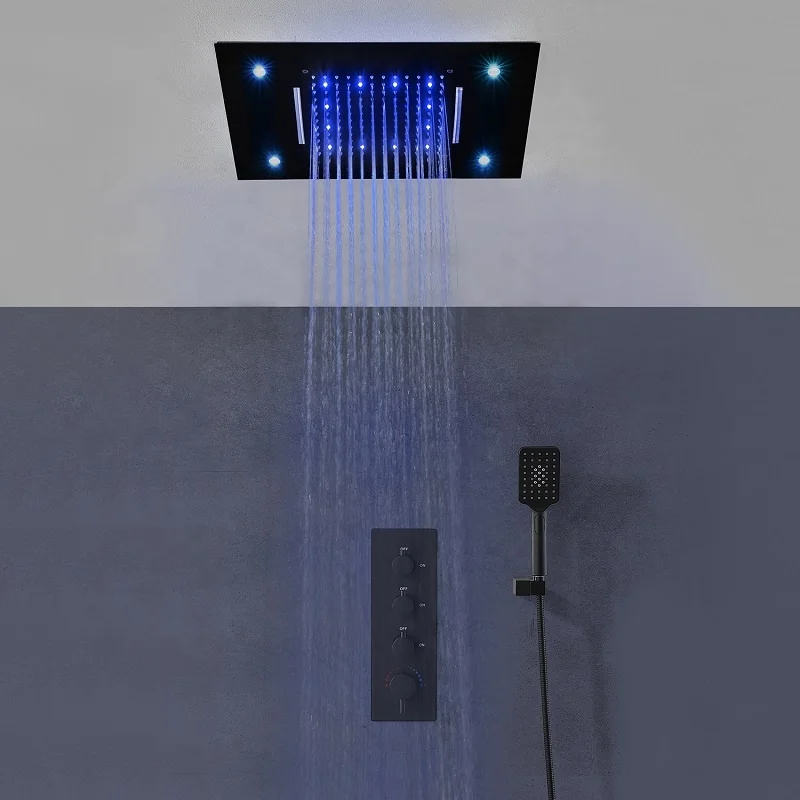 Фото Умный душевой набор для ванной комнаты: роскошная душевая лейка с LED-подсветкой, черная, с эффектом водопада/тропического дождя, ручной душ №3