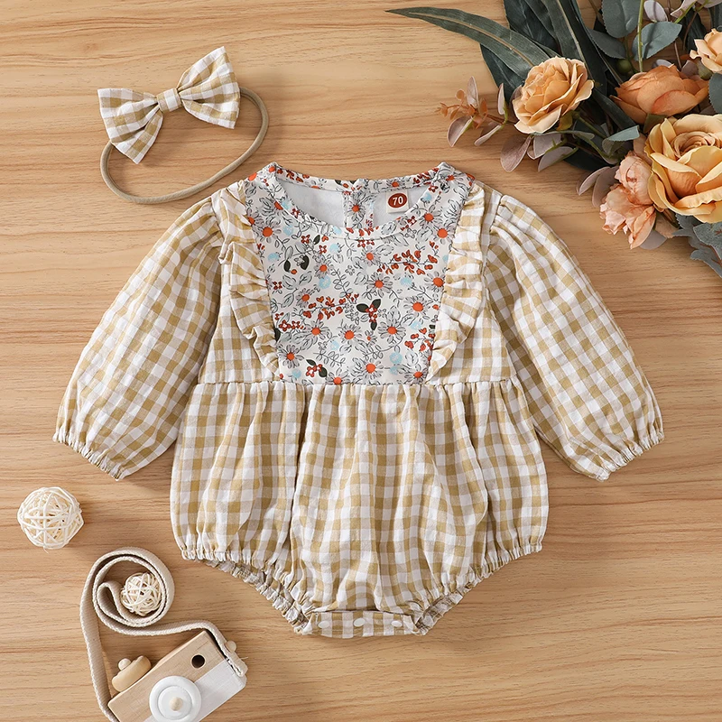 

Детский комбинезон с цветочным принтом, длинным рукавом и круглым вырезом