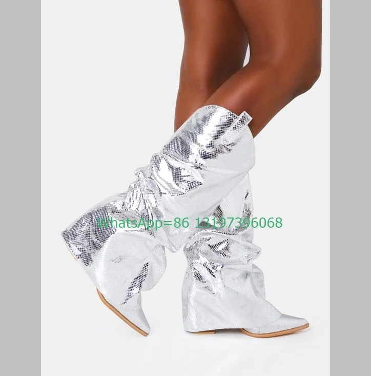 Женские Серебристые сапоги до колена с принтом в ковбойском стиле отложным