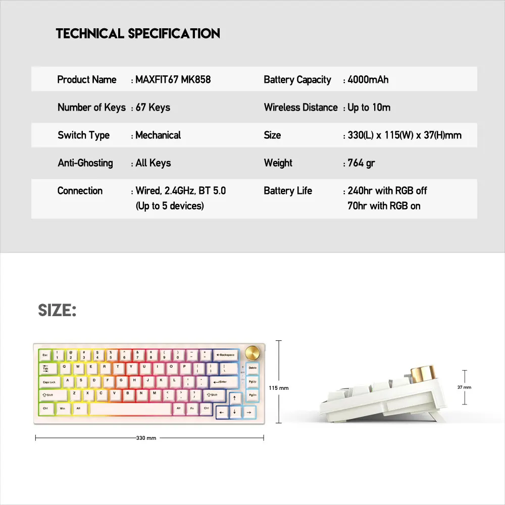 fantech maxfit67 bluetooth wireless hot swap keyboard pbt dye sub keycaps rgb wired knob encoder kailh box gateron milky yellow free global shipping