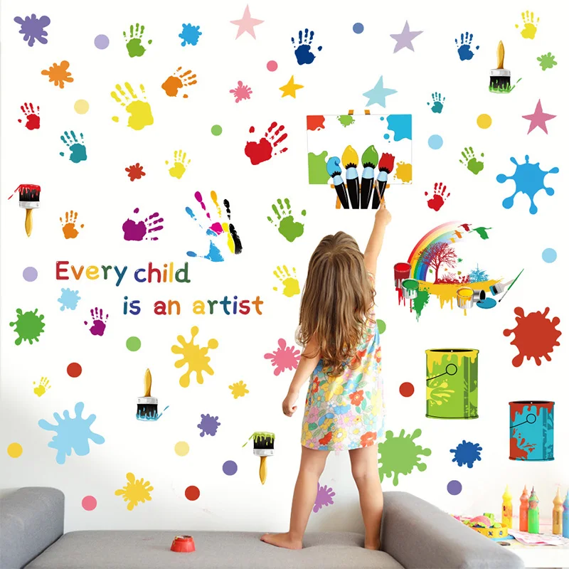 

Paint Splatter Handprint Wall Stickers Home Decoration Colorful Inspirational Nursery Wallpaper For Kids Classroom Bedroom Decor