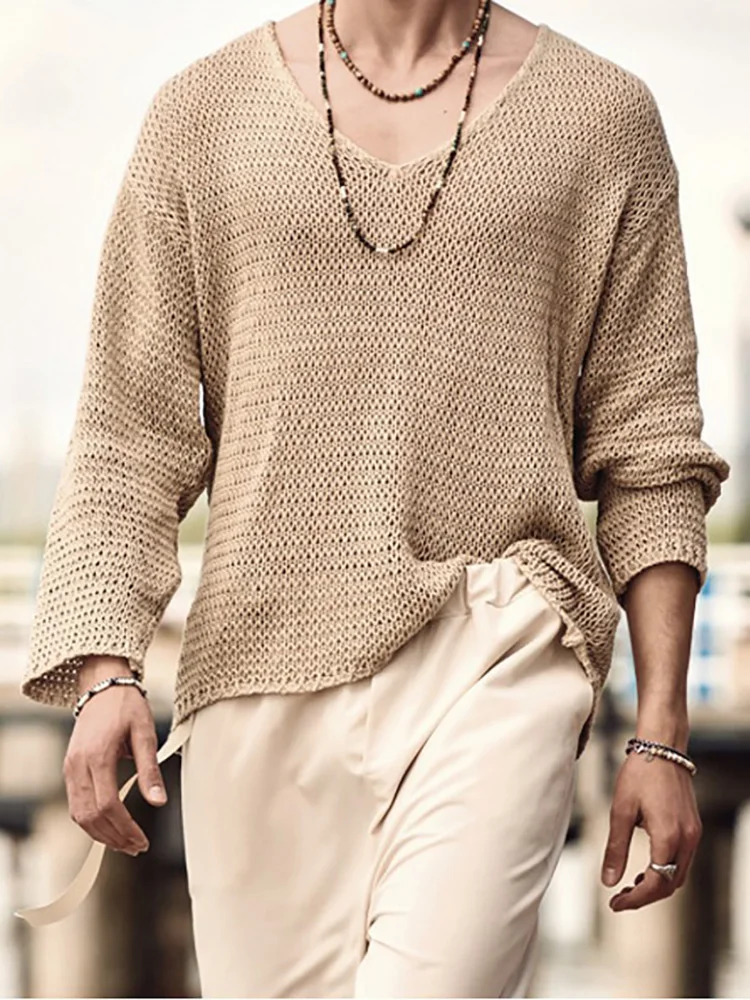 Spring And Autumn Male Casual Long Sleeve Clothes Men V Neck Loose Streetwear Jumper Sweater High Elasticity Daily Pullovers Top