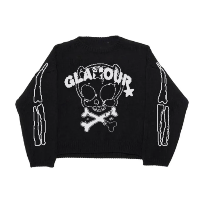 

Вязаный свитер Y2K, мужские свитера с графическим принтом в стиле панк, топы, винтажные свободные пуловеры с черепом, повседневные осенние же...