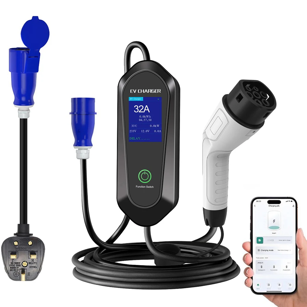 32A 7KW 5M Однофазный 3-контактный зарядный кабель типа 2 CEE с ЖК-дисплеем Портативное