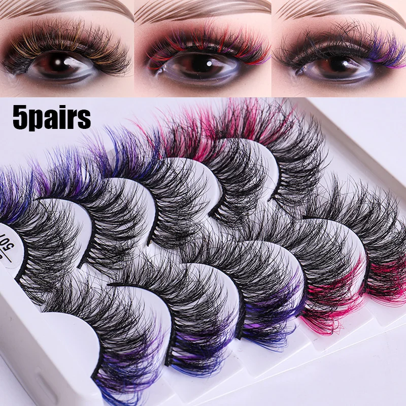 

5 Pairs Colored False Eyelashes Dramatic 8D Fluffy Faux Mink Eyelash Volumes Cross Natural Thick Reusable Lash Extension Makeup