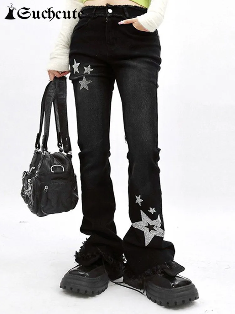 

Эластичные черные облегающие прямые джинсы со стразами со звездами Y2K в стиле K-POP Kwaii, брюки с высокой талией для девушек в Корейском стиле на...