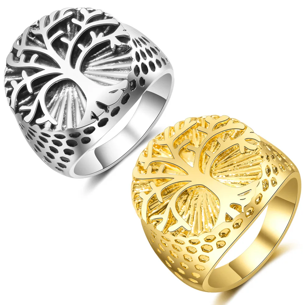 

Megin D Silver Plated Tree of Life Gold Carved Vintage Retro Boho Hip Hop Rings for Women Men Couple Friend Gift Fashion Jewelry