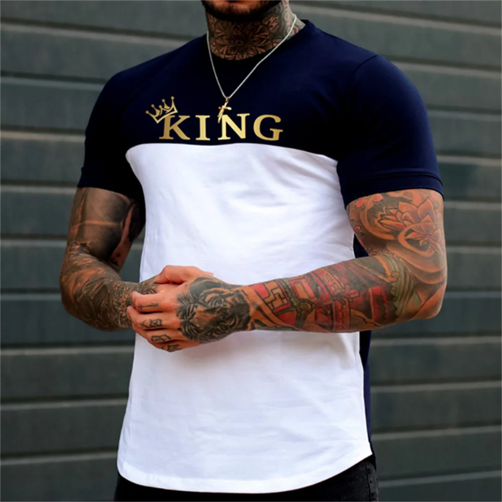 T-shirt For Men Letter King O-neck Men' Top Daily Casual Clothing Vintage Sportswear Loose Oversized Clothes Trend Short Sleeves