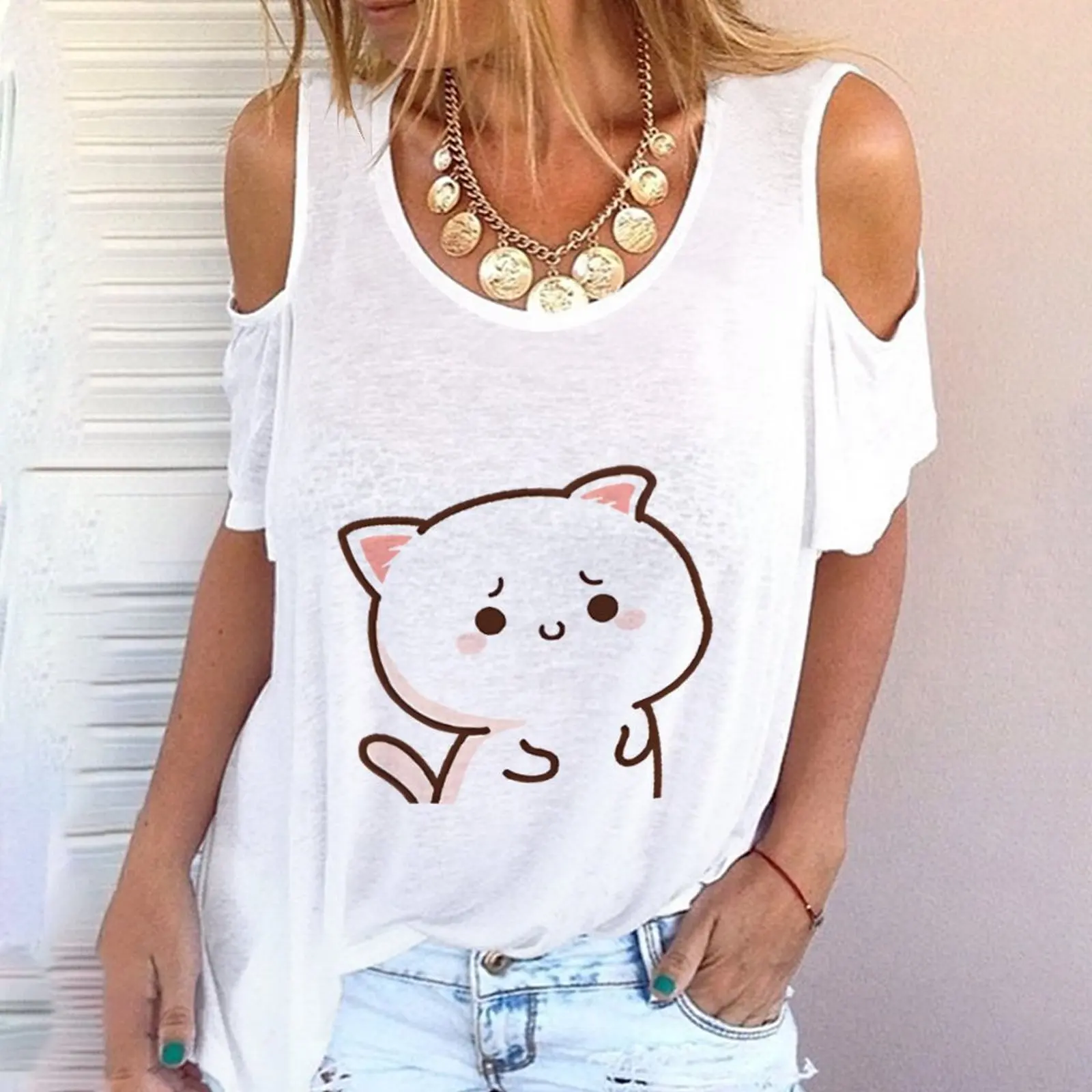 

Summer fashion women's Harajuku cute funny kitten emoticon bag print new anime strapless round neck T-shirt women's top