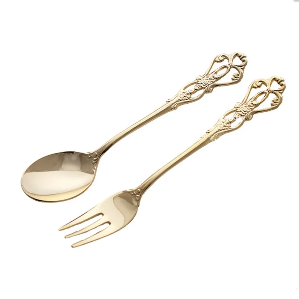 

2Pcs Retro Gold Spoon Fork Cutlery Set Stainless Steel Luxury Dessert Coffee Spoon Creative Tea-spoon Tableware Kitchen Utensils