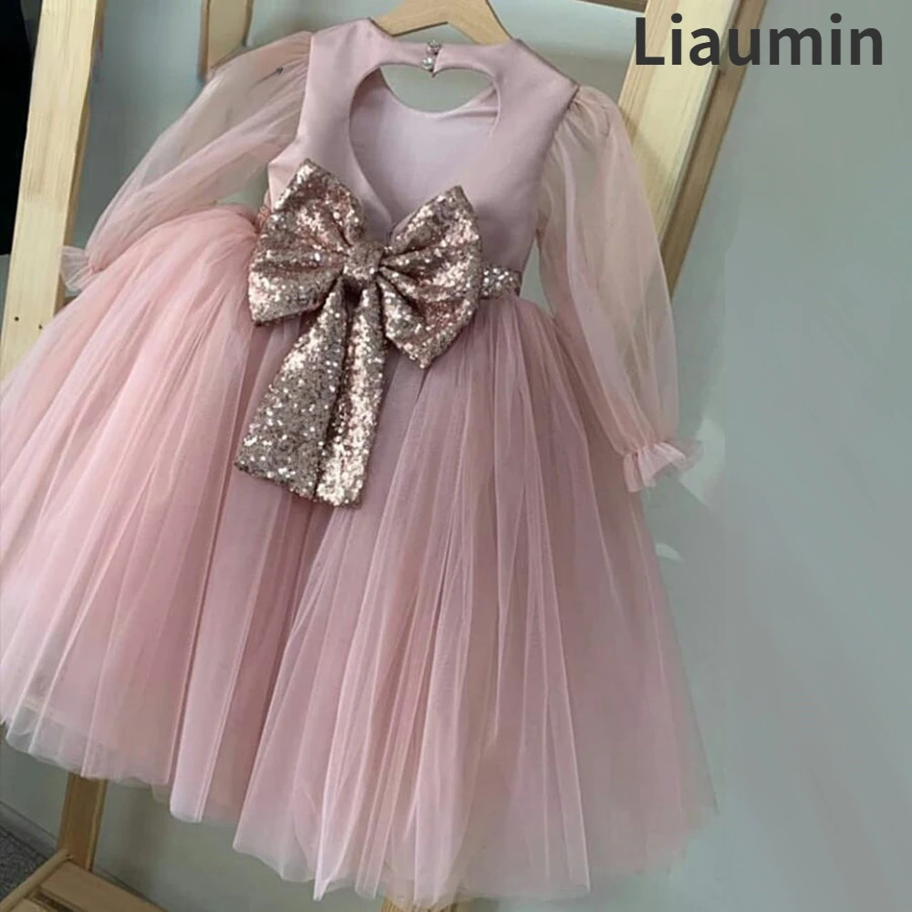 

New Blush Flower Girl Dresses Long Sleeves Tulle Princess Clothing Sequined Bow Girl Wedding Brithday Party Formal Occasion