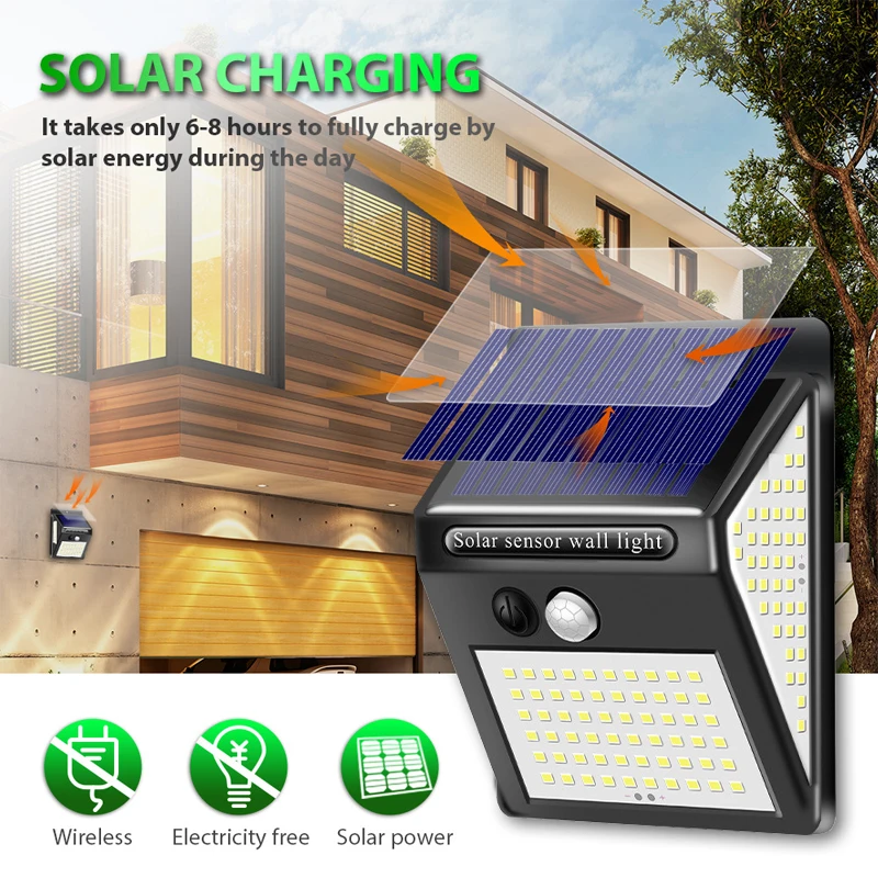 

Waterproof 144 LED Solar Motion Sensor Lights with 3 Modes Outdoor Sunlight Solar Powered Street Wall Lamp for Garden Decor