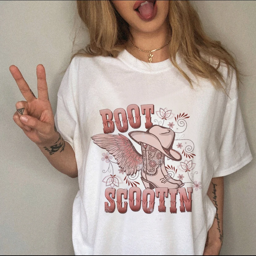 

Футболка женская с коротким рукавом, Повседневная модная тенниска с принтом в западном стиле, топ с графическим принтом, Розовая Майка, весн...