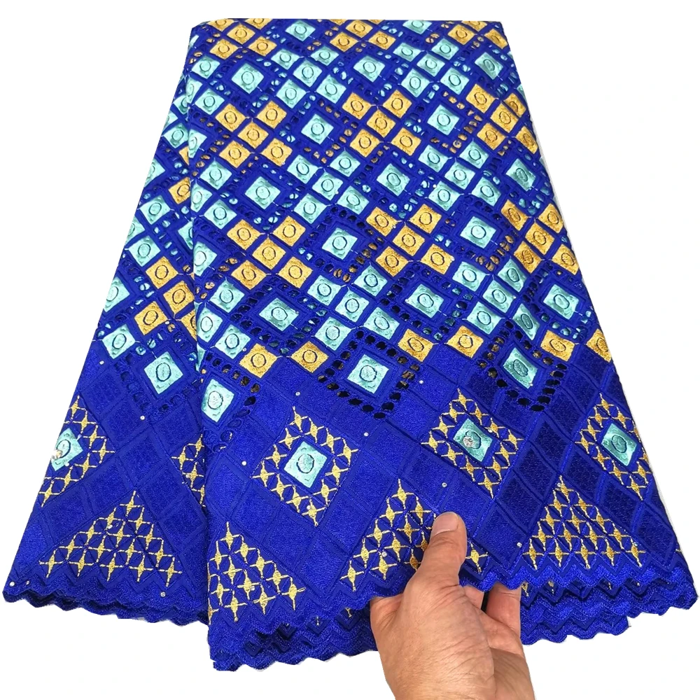 

Royal Blue Swiss Voile Lace With Stones Holed African Cotton Lace Fabric Gold French Cotton Fabric For Wedding Dress 5 Yards
