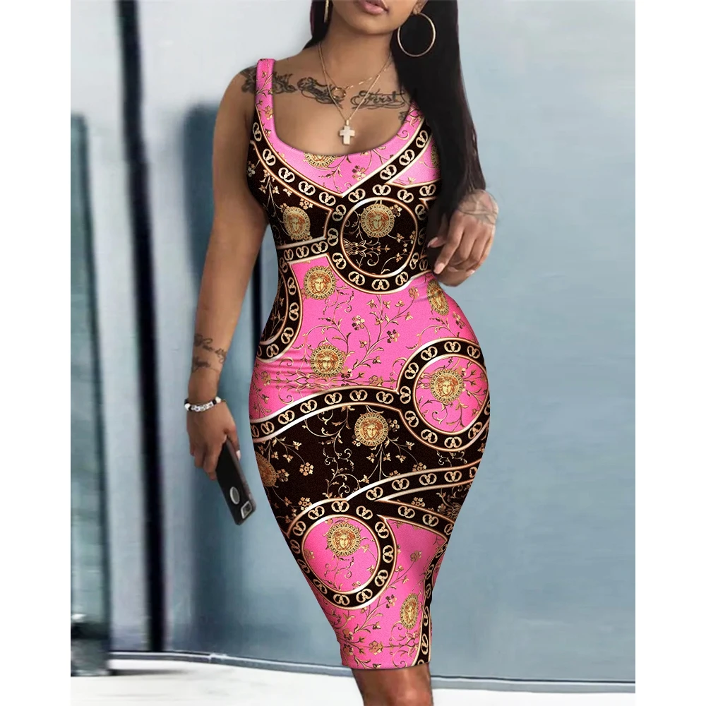 

Y2K Women Summer Casual Print Sleeveless Sexy Tank Tight Bodycon Dress Mini Vestidos Midi Skinny Club Party Dresses Clothes