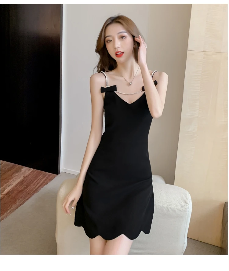 

BULOCHOVA Summer Designer Hepburn Black Sleeveless Slim Knee Length Dress Women V Neck Spaghetti Strap Diamond Casual Vestidos