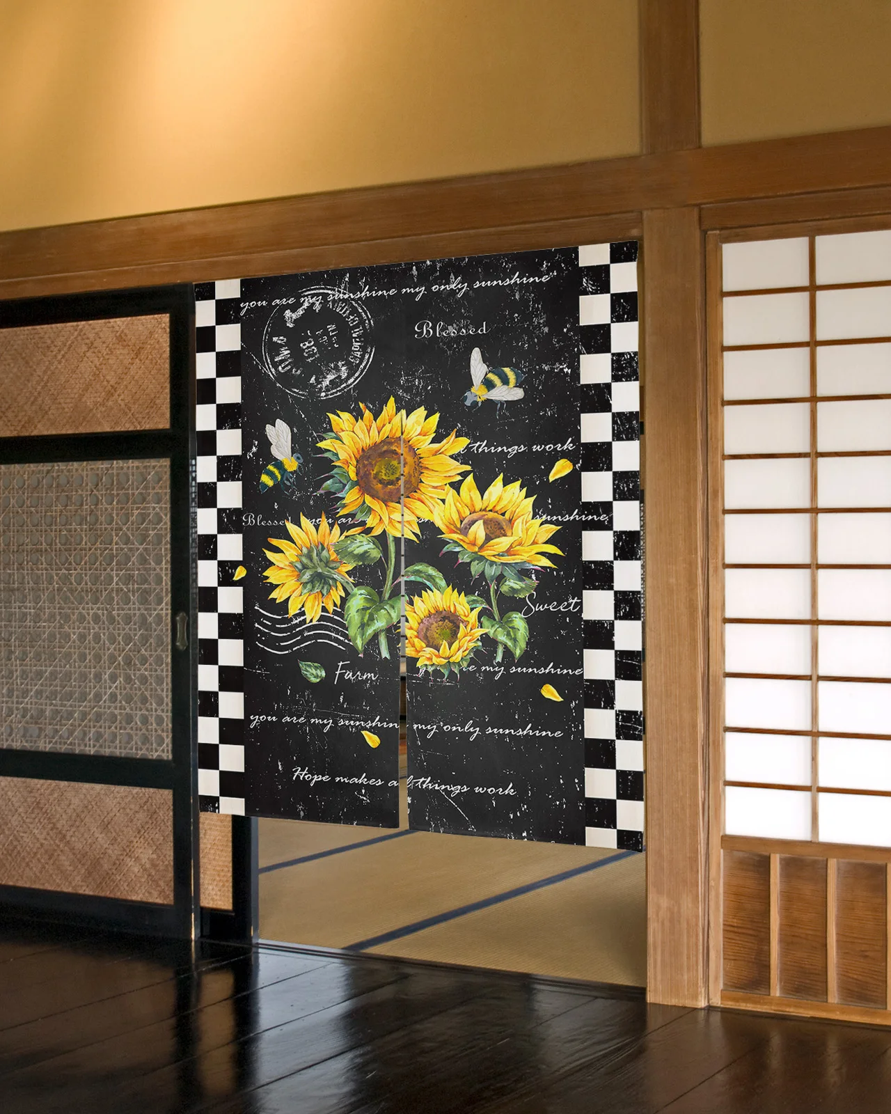 

Retro Flower Sunflower Bee Plaid Japanese Door Curtain Bedroom Doorway Partition Curtains Restaurant Kitchen Decor Drapes