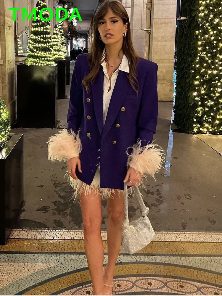 Женский двубортный Блейзер T MODA элегантный офисный фиолетового цвета с длинным