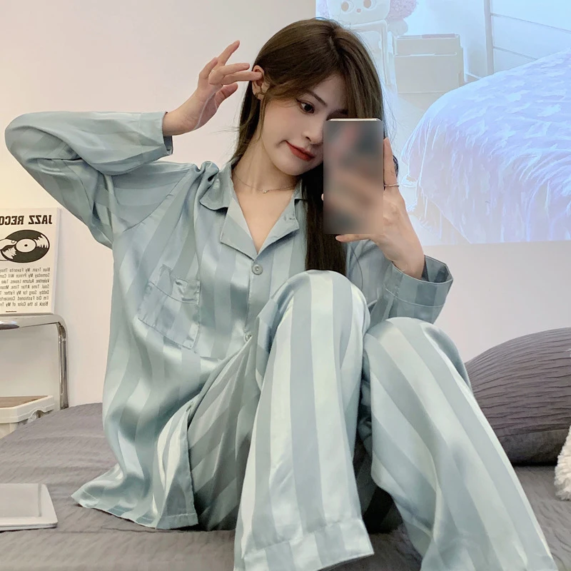 Comfortable Satin Pyjamas 2 Piece Set Women French Elegant Solid Color Stripe Silk Sleepwear Pajamas Home Wear Nightwear Pyjamas