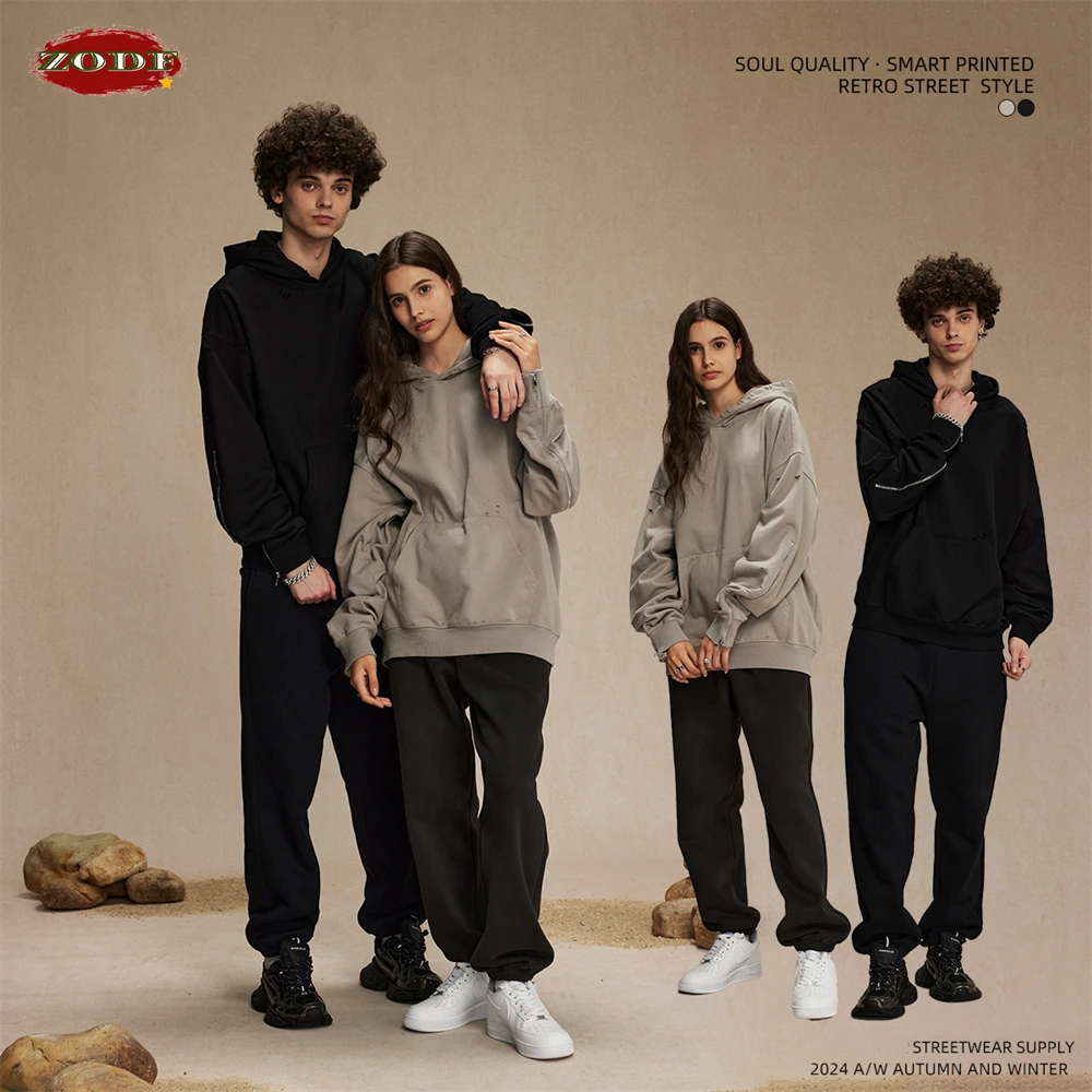 Мужские толстовки большого веса ZODF на осень и зиму 450 г/м2 пуловеры с капюшоном