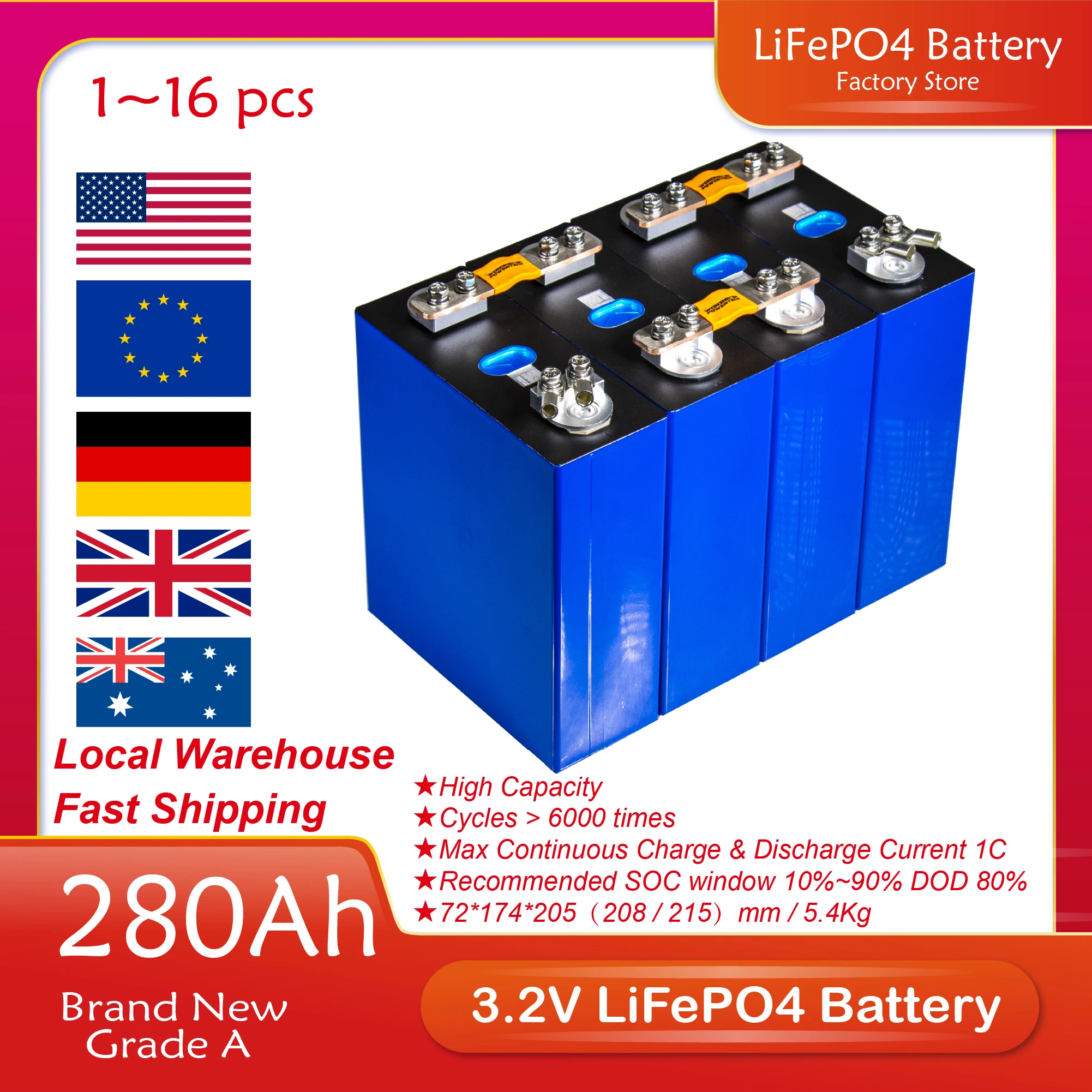

1/4 шт. 3,2 Ач в литий-железо-фосфатный аккумулятор LF280K класс A совершенно новый с шиной DIY 48 в 24 в 12 В батарейный блок для лодок